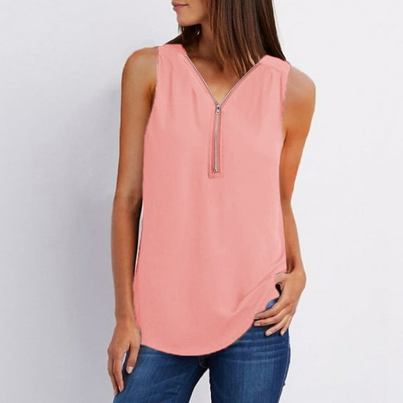 Lolmot Business Casual Clothes for Women Plus Size Tank Tops Summer Solid Color Zip Front V Neck Sleeveless Shirts Loose Fit Tunic Tops on Clearance