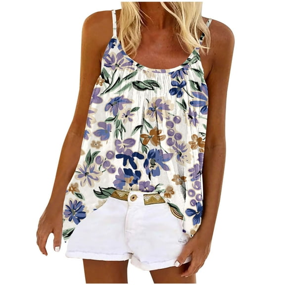 Lolmot Camisole for Women Summer Casual Strappy Tropical Print Tank Tops Sexy Pleated Sleeveless Flowy T-Shirts Tunic Tops Vests