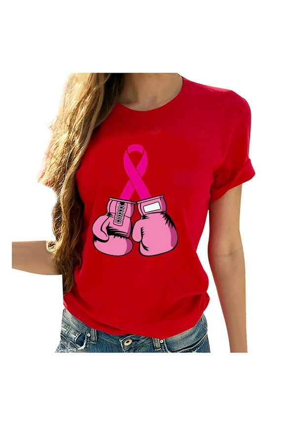 Lolmot Cancer Shirt for Women Breast Cancer Awareness T-Shirt Pink Ribbon Boxing Gloves Print Shirts Short Sleeve Round Neck Tee Tops