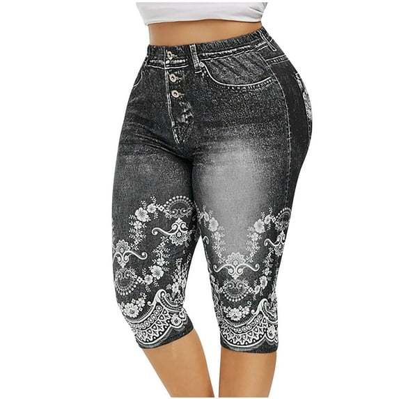 Lolmot Capri Pants for Women Comfy Yoga Pants Knee Length Capri Leggings Plus Size Imitation Denim Lightweight Printed Workout Leggings for Women
