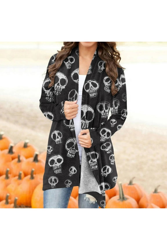 Lolmot Cardigan Sweaters for Women Halloween Pumpkin Cat Candy Print Knitting Cardigans Open Front Long Sleeve Lightweight Cardigan