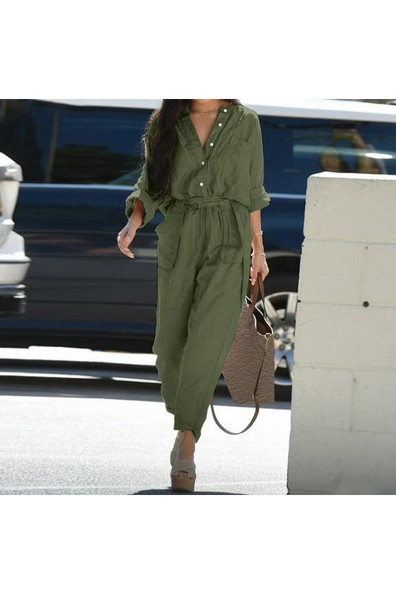Up to 65 off!Lolmot Cargo Jumpsuits for Women Long Sleeve Jumpsuits Casual Button Down Belted Long Pant Romper One Piece Jumpsuit Coverall on Clearance