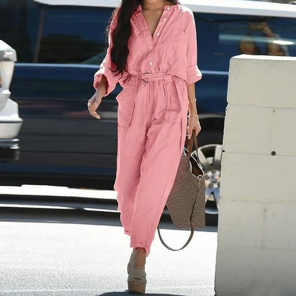 Up to 65 off!Lolmot Cargo Jumpsuits for Women Pink Long Sleeve Jumpsuits Casual Button Down Belted Long Pant Romper One Piece Jumpsuit Coverall on Clearance
