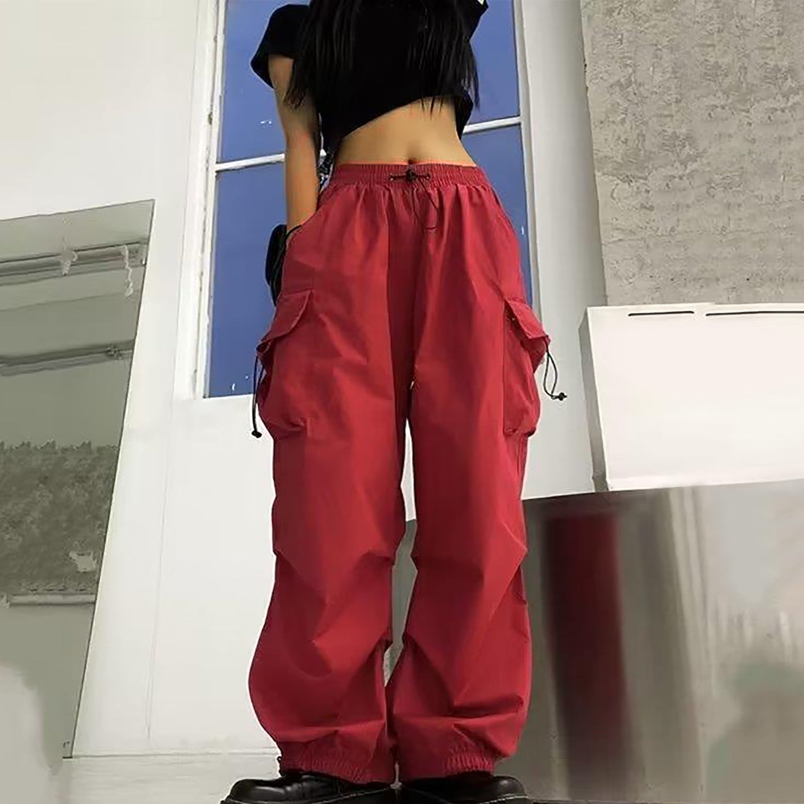 Cali1850 Women's Parachute Cargo Pants - Low Rise Baggy Fit With Multiple Pockets