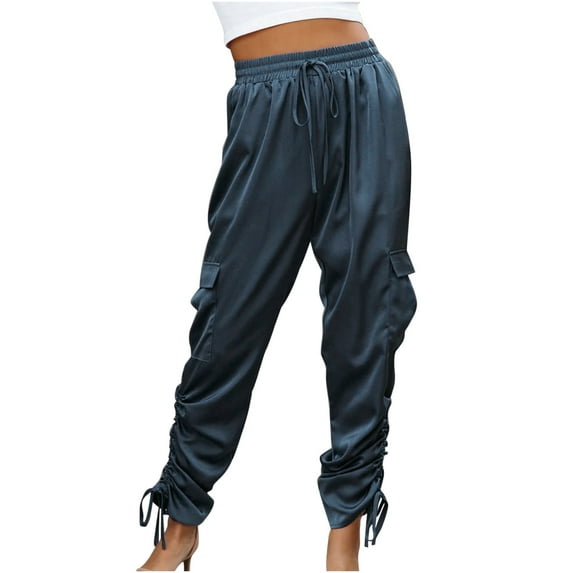 Lolmot Cargo Pants Women Satin Jogger Casual Drawstring Elastic Waist Lounge High Waist Pants with Flap Pockets Solid Color Street Cargo Pants Jogger Pants