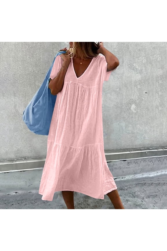 Lolmot Casual Dresses for Women 2024 Trendy Loose V-Neck Short Sleeve Long Dress Solid Pleated Dresses Casual Relaxed Fit Beach Sundress