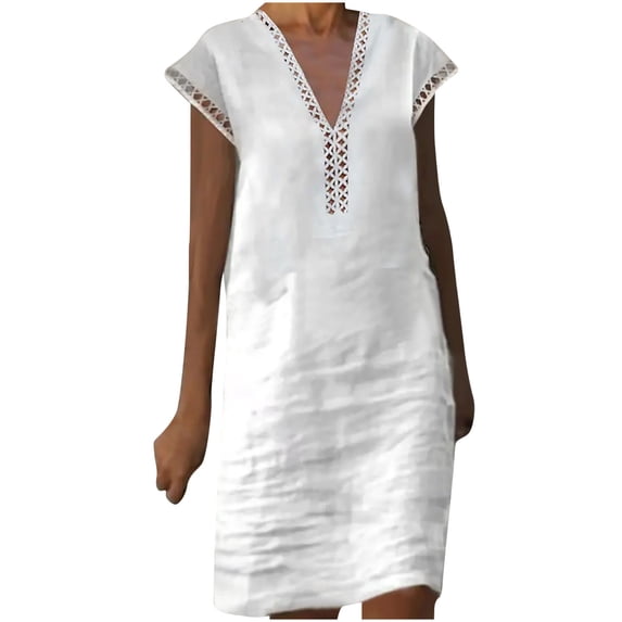 Lolmot Casual Dresses for Women Fashion Summer Casual V-Neck Cotton Linen Solid Color Short Sleeve Dress