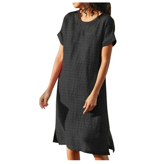 Lolmot Casual Dresses for Women Solid Color Short-Sleeve O-Neck Stitching Loose Cotton Linen Dresses