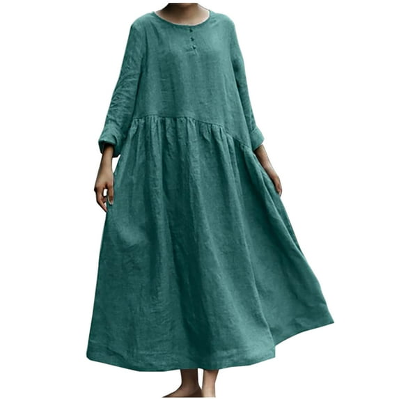 Lolmot Casual Dresses for Women Spring Summer Round Neck Solid Color Cotton and Linen Casual Button Up Long Sleeve Dress Loose Comfy Long Dress