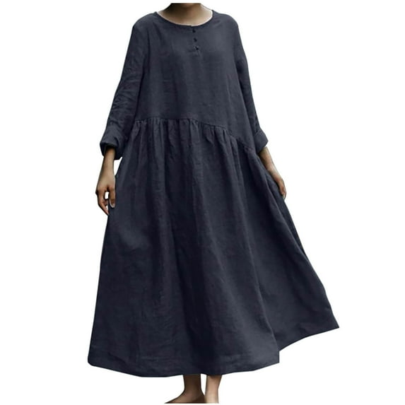 Lolmot Casual Dresses for Women Spring Summer Round Neck Solid Color Cotton and Linen Casual Button Up Long Sleeve Dress Loose Comfy Long Dress