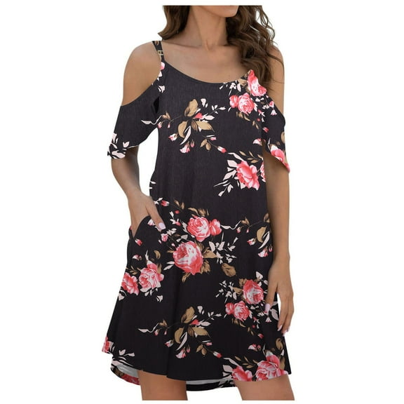 Lolmot Casual Summer Dresses for Women Plus Size Sexy Floral Print Off the Shoulder Short Sleeve Elegant Pockets Midi Dress Loose Tank Suspenders Dress Summer Swing Beach Sundress