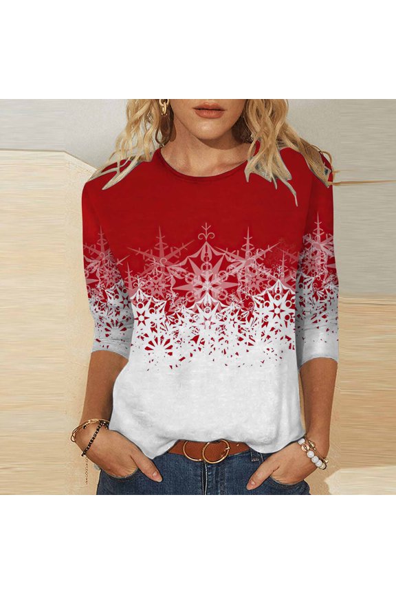 Up to 65 off!Lolmot Christmas 3/4 Sleeve Tops for Women Fashion Snowflake Christmas Print Graphic Tee Shirts Casual Crew Neck Tee Tops Blouse,Plus Size
