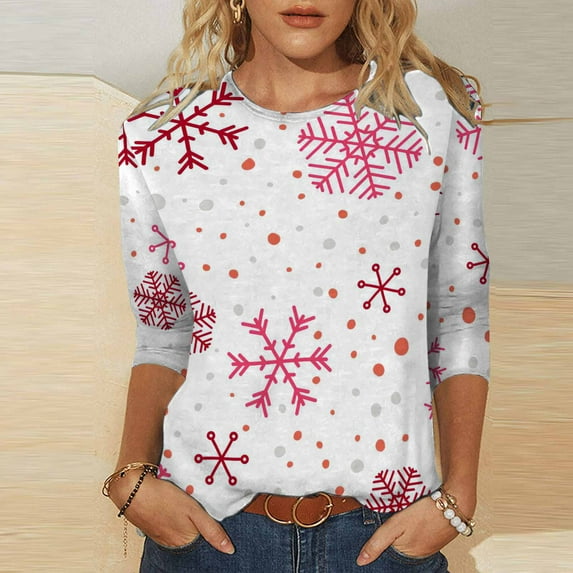 Lolmot Christmas 3/4 Sleeve Tops for Women Fashion Snowflake Christmas Print Graphic Tee Shirts Casual Crew Neck Tee Tops Blouse