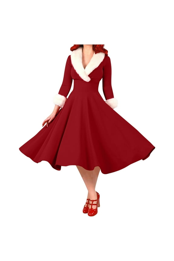 Lolmot Christmas Dresses for Womens Furry V-Neck Print Vintage Long-Sleeved Party Dress Mrs Santa Claus Fancy Outfits