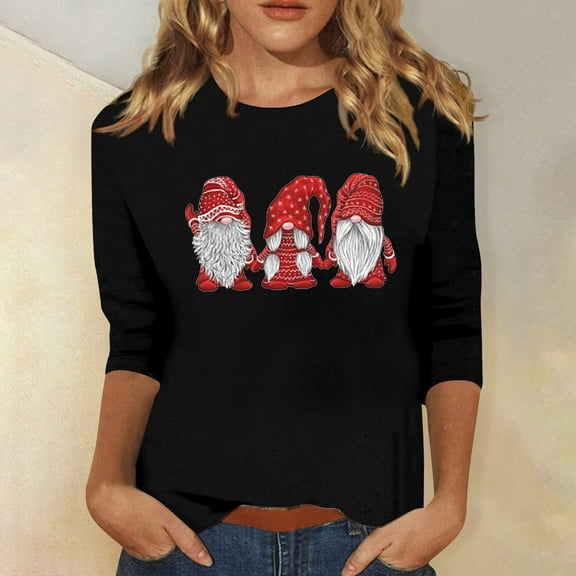 Lolmot Christmas Gnome Shirt for Women Ugly Santa Graphic Print Tee Tops Cute Holiday 3/4 Sleeve O-Neck Pullover Tops Fall Holiday Thanksgiving Tops