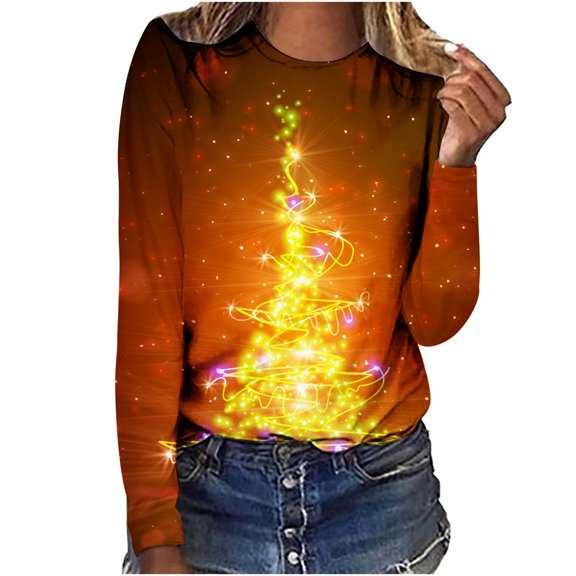 Lolmot Christmas Long Sleeve Shirts for Women Dressy Casual Cute Snowflakes Christmas Tree Print Crewneck Tunic Tops Loose Pullover Holiday Tops