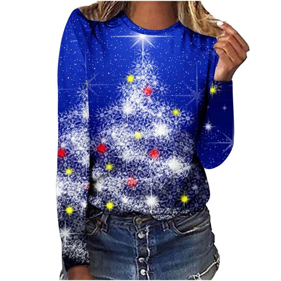 Lolmot Christmas Long Sleeve Shirts for Women Dressy Casual Cute Snowflakes Christmas Tree Print Crewneck Tunic Tops Loose Pullover Holiday Tops