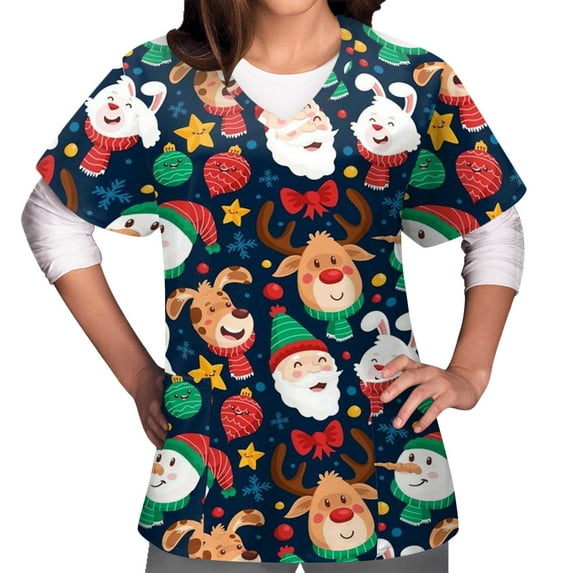 Lolmot Christmas Scrub Tops for Women Short Sleeve V-Neck Cute Workwear Christmas Print Nurse Medical Working Uniforms Holiday Scrubs
