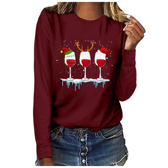 Up to 65 off!Lolmot Christmas Shirts for Women Funny Wine Glass Print T-Shirts Xmas Holiday Graphic Long Sleeve Tops