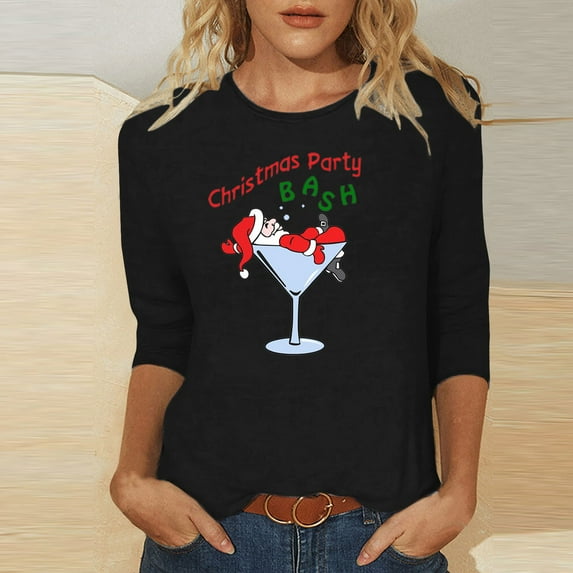 Lolmot Christmas Shirts for Women Santa Wine Glass Graphic T-Shirt Christmas Party Bash Letter Print Round Neck 3/4 Sleeve Holiday Tops