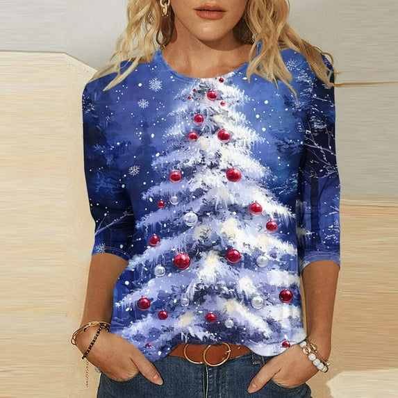 Up to 65 off!Lolmot Christmas Shirts for Women Shinny Print Xmas Tree Shirts 3/4 Sleeve Blouse Casual Crew Neck Tees Holiday Tops,Petite to Plus Size