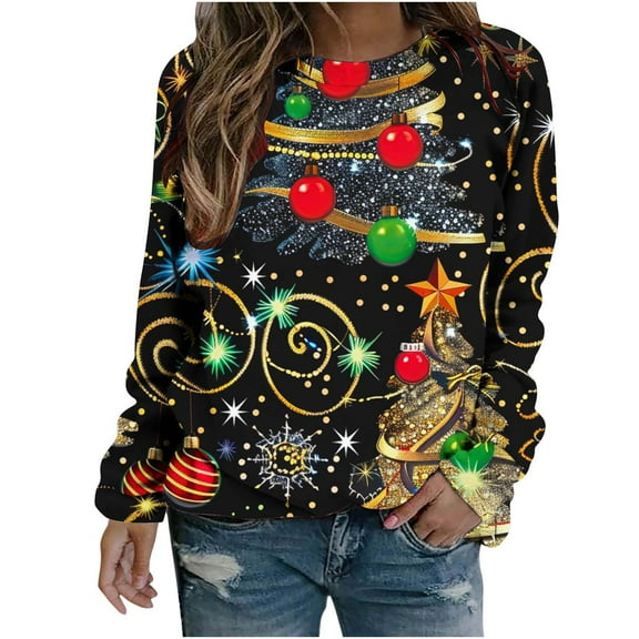 Up to 65 off!Lolmot Christmas Sweatshirt for Women Oversized Crewneck Sweatshirt Fleece Pullover Shirt Holiday Funny Xmas Tree Lights Graphic Long Sleeve Tops
