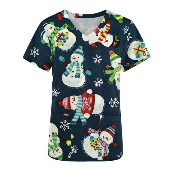 Lolmot Christmas Womens Scrub Tops Cute Santa Clause Snowman Xmas Tree Snowflake Printed Stretch Soft Scrub Shirts with Pockets Holiday Comfy Nurse Work Tops