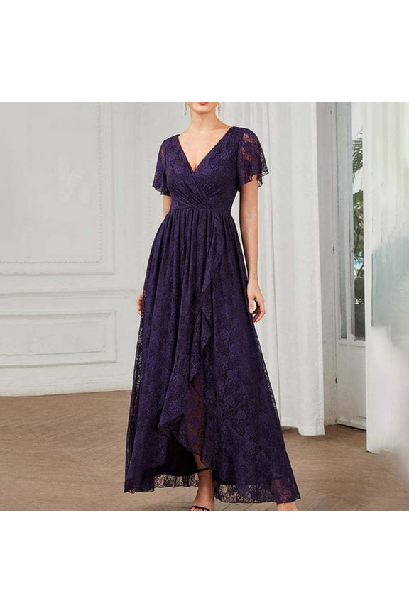 Cocktail Dress for Women Lace V Neck Flutter Sleeves Bridesmaid Dresses Irregular Hem Pleats Formal Evening Gowns Casual Elegant Flowy Prom Dresses