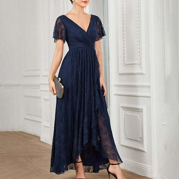 Lolmot Cocktail Dress for Women Lace V Neck Flutter Sleeves Bridesmaid Dresses Irregular Hem Pleats Formal Evening Gowns Casual Elegant Flowy Prom Dresses