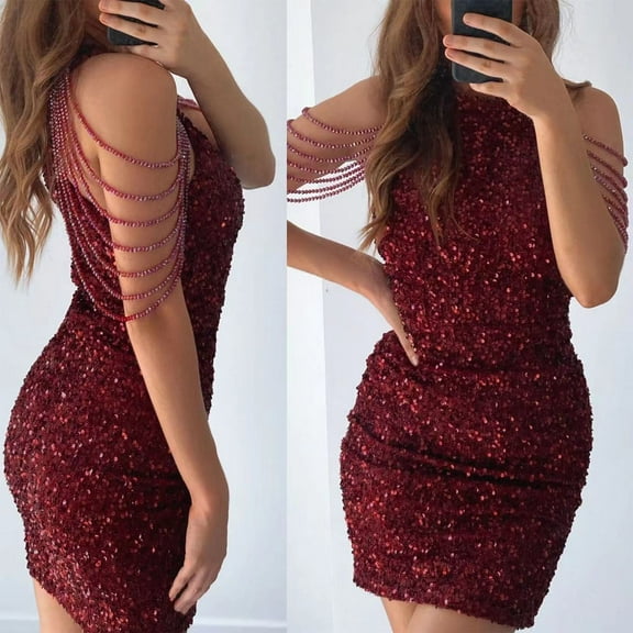 Lolmot Cocktail Dress for Women Glamorous Sequined Mini Dress Tassels Wrap Bodycon Sparkly Sequined Mini Dresses Sexy Sequined Party Dress