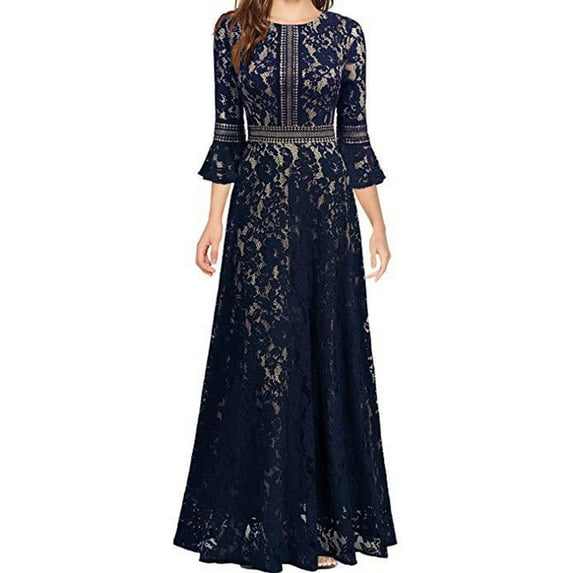 Lolmot Cocktail Dresses for Wedding Guest 3/4 Sleeve Round Neck Elegant Floral Lace Embroidery Hollow Out Slim Fitting Retro Evening Dress
