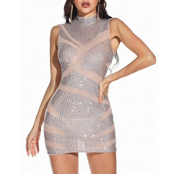 Lolmot Cocktail Evening Dresses for Women Round Neck Sleeveless Sequin Mini Dress Club Party Homecoming Prom Dress