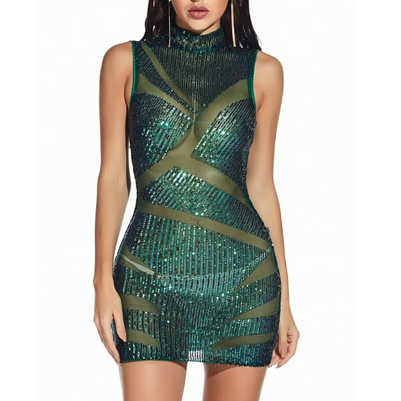 Lolmot Cocktail Evening Dresses for Women Round Neck Sleeveless Sequin Mini Dress Club Party Homecoming Prom Dress