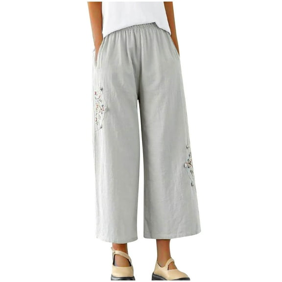 Lolmot Cotton Linen Casual Pants Women's Pants Thin Retro Ethnic Wind Embroidered Wide-Legged Pants Elastic High Waist Casual Flower Print Loose Trousers Long Lounge Pants with Pockets