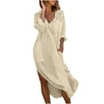 thumbnail image 1 of Up to 65 off!Lolmot Cotton Linen Dress for Women Summer Loose Fit Flowy Maxi Dress Beach Cover Up Casual V Neck Long Sleeve Shirt Dress with Pockets, 1 of 5