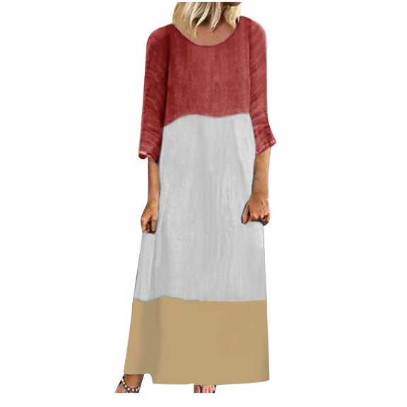 Lolmot Cotton Linen Dresses for Women Spring Summer Casual Loose 3/4 Sleeve Midi Dress Trendy Elegant Plain Contrast Stitching O-Neck Long Dress