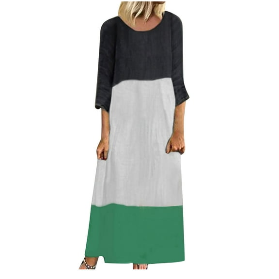 Lolmot Cotton Linen Dresses for Women Spring Summer Casual Loose 3/4 Sleeve Midi Dress Trendy Elegant Plain Contrast Stitching O-Neck Long Dress