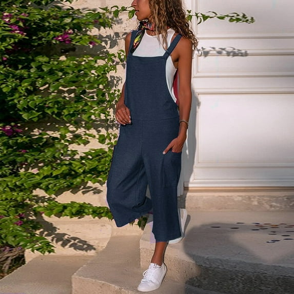 Up to 65 off!Lolmot Cotton Linen Jumpsuit for Women Loose Casual Summer Sleeveless Jumpsuit Solid Color Overalls with Pockets Plus Size One Piece Jumpsuits
