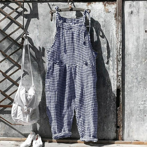 Lolmot Cotton Linen Overalls for Women Loose Fit Sleeveless Romper Summer Casual Adjustable Spaghetti Strap Tie Shoulder Printed Bib Wide Leg Jumpsuits with Pockets on Clearance