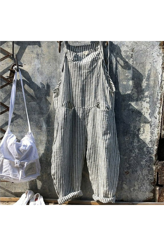 Up to 65 off!Lolmot Cotton Linen Overalls for Women Loose Fit Sleeveless Romper Summer Casual Adjustable Spaghetti Strap Tie Shoulder Printed Bib Wide Leg Jumpsuits with Pockets