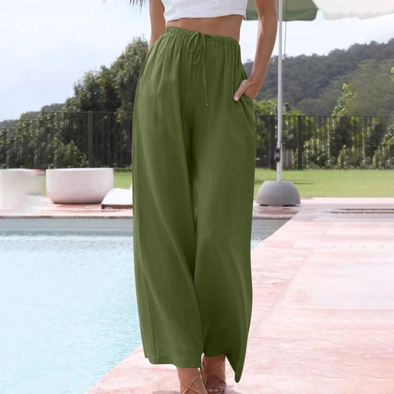 Lolmot Cotton Linen Pants for Women Plus Size Wide Leg Elastic Waist Drawstring Trousers Relax Fit Sweatpants