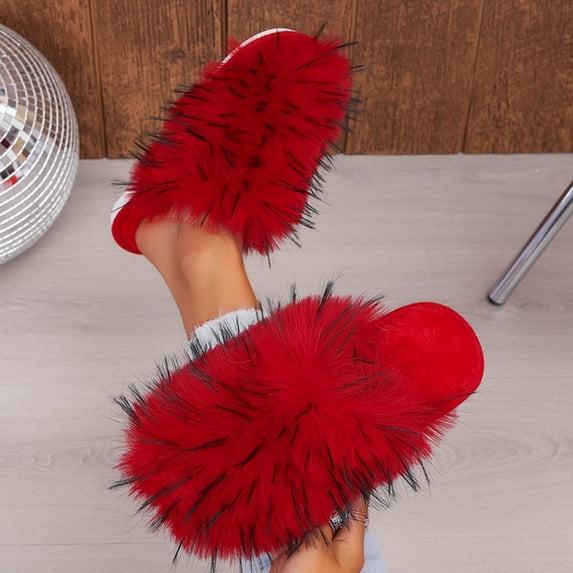 Lolmot Cozy Faux Fur Womens Slippers Fashion Closed Toe Slip On Fluffy Sandals Warm Plush Slide Shoes Indoor Outdoor