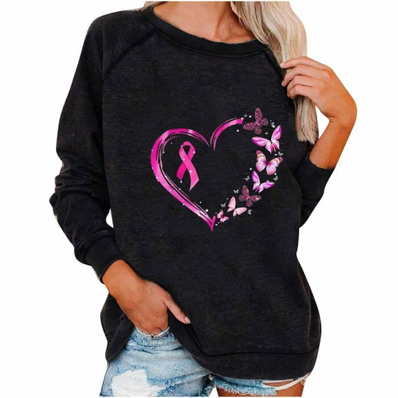 Lolmot Crew Neck Sweatshirts for Women Breast Cancer Awareness Sweatshirts Pink Ribbon Heart Print Long Sleeve Pullover Tops Sweatshirt
