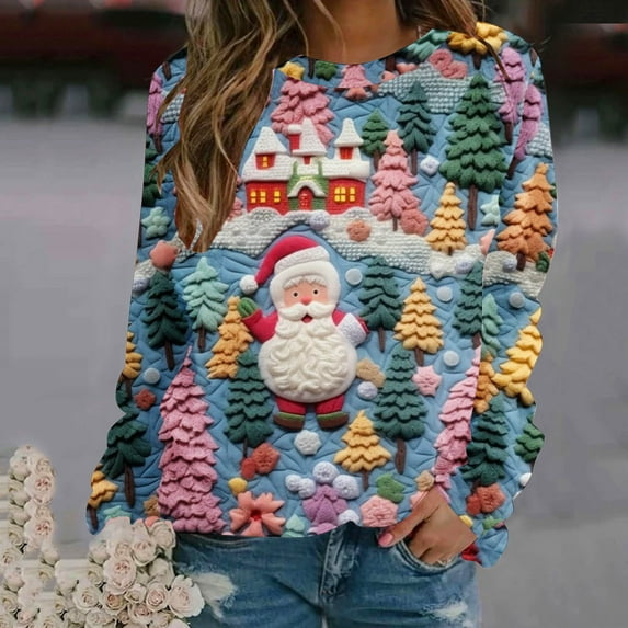 Up to 65 off!Lolmot Crewneck Sweatshirt for Women Xmas Holiday Casual Pullover Oversized Sweatshirt Funny Santa Deer Long Sleeve Fleece Tops Ugly Christmas Sweater