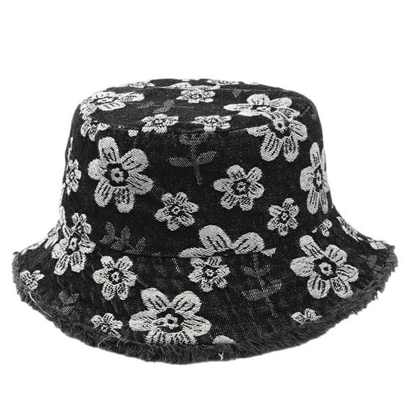 Lolmot Denim Bucket Hat Vintage Sun Protection Beach Sun Hat Flower Embroidery Fisherman Cap for Men Women Teens Outdoor
