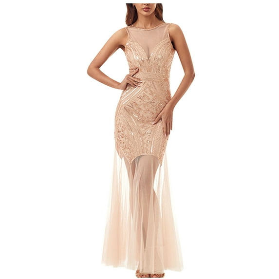 Lolmot Evening Dress for Women Banquet Elegant Round Neck Sleeveless Sequin Temperament Mesh Hem Sexy Party Slim Dress