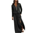 thumbnail image 1 of Lolmot Fall Dresses for Women Casual Waistband Long Sleeve Zipper V-Neck Dress Solid Color Fork Opening Maxi Dress, 1 of 5