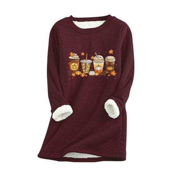 Lolmot Fall Tops for Women 2023 Trendy Round Neck Thickened Plush Warm Long Sleeve Pullover Sweatshirt Pumpkin Spice Latte Print Fleece Loungewear