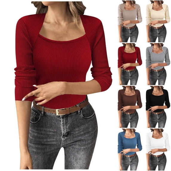 Lolmot Fashion Ribbed Sweaters for Women, Casual Square Neck Long Sleeve Shirts, Slim Fit Basic Tops, Soft Comfy Going Out Tops