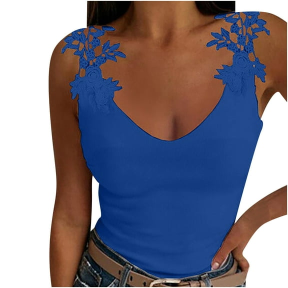 Lolmot Fashion Sexy Women V Neck Lace Trim Solid Basic Sleeveless Cami Sling Tank Tops